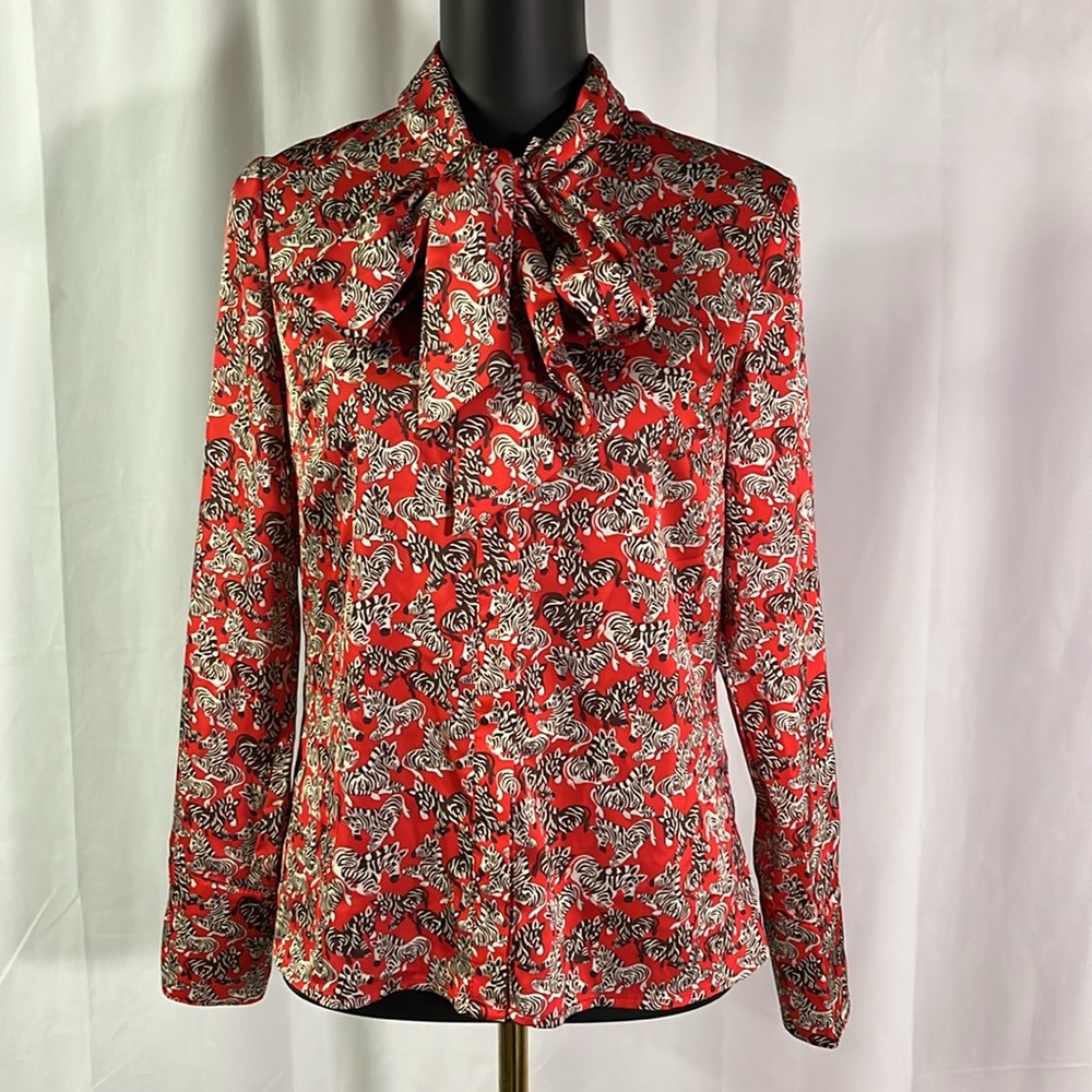 NWT Julie Brown NYC Red Zebra Print Long Sleeve Button Front Tie Neck Blouse